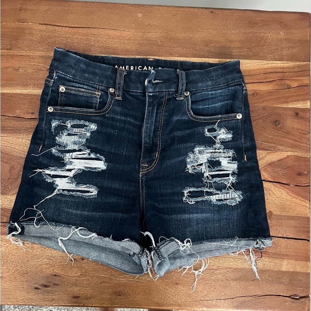 American Eagle Outfitters Women's Distressed Dark Blue Denim Shorts